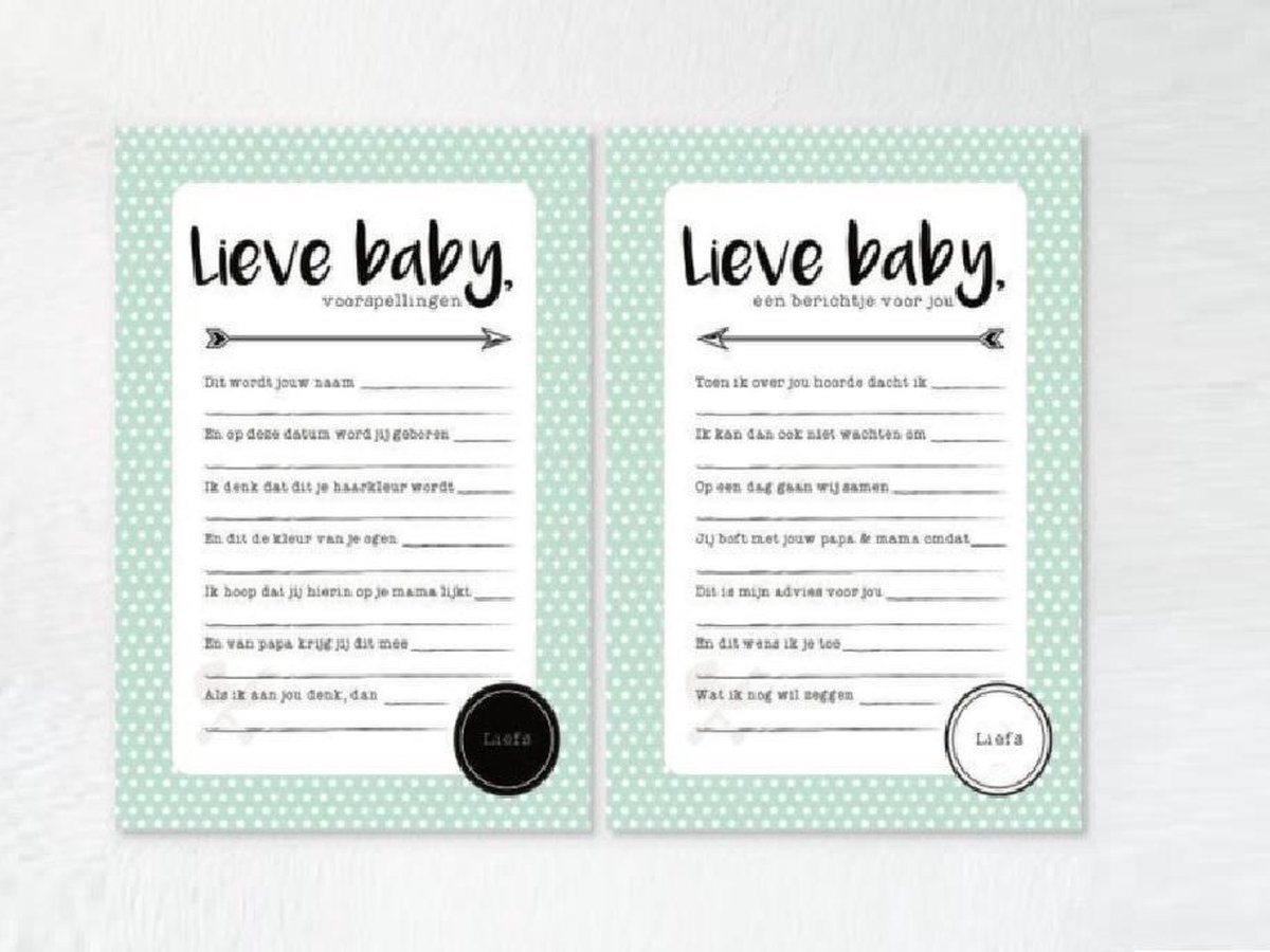 15x Invulkaarten Lieve Baby | Gender neutraal Mintgroen | Babyshower spel | Gender Reveal Feest | Voorspellingen | Bericht voor de baby